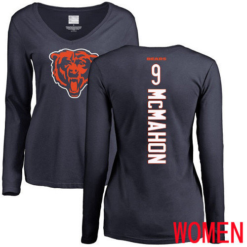 Chicago Bears Navy Blue Women Jim McMahon Backer NFL Football #9 Long Sleeve T Shirt->nfl t-shirts->Sports Accessory